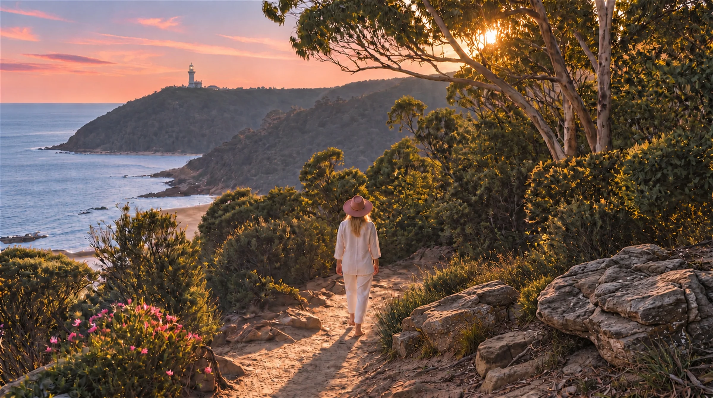 A woman walking a coastal path at sunrise towards the Byron Bay lighthouse