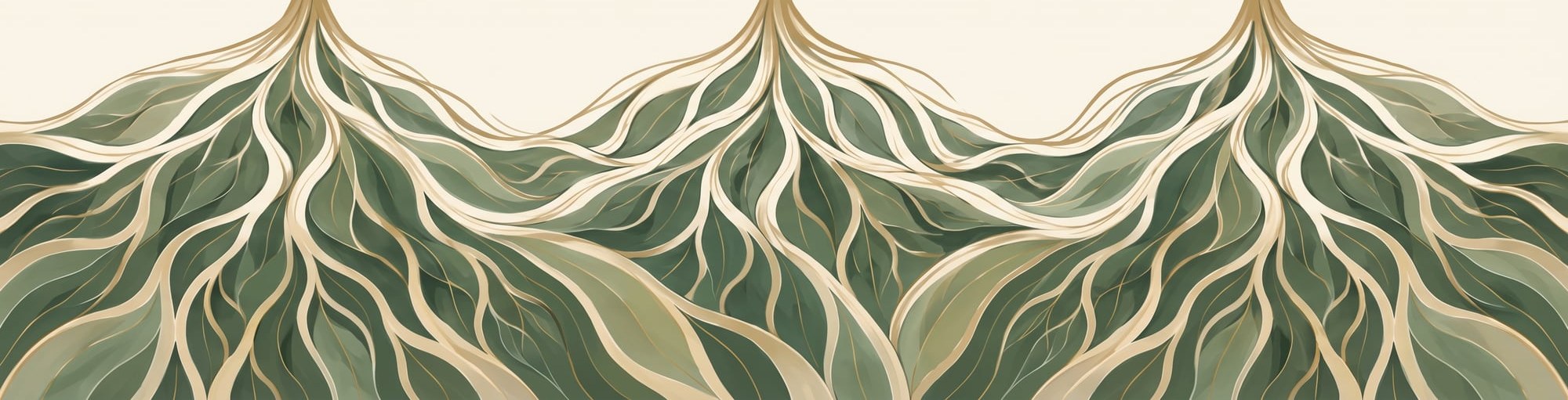 Three root systems flowing downward and interweaving through layered green landforms